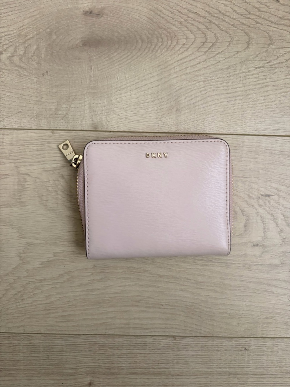 DKNY Light Pink Zip-Around Leather Wallet with Gold Hardware